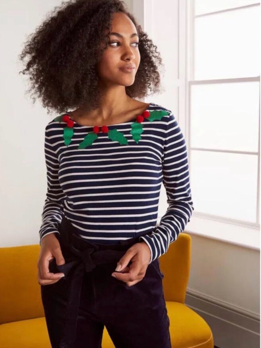 Boden Navy and White Striped Long Sleeve Top with Holly Detail Sz 16/18